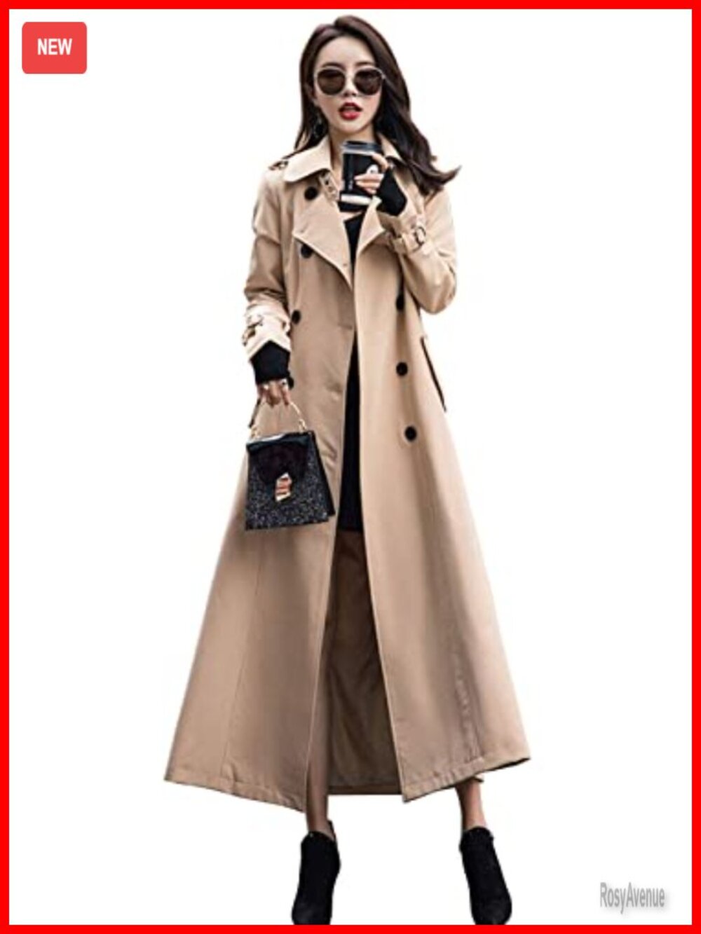 Ebassy Double Breasted Trench Coat Long Sleeve Duster Overcoat
